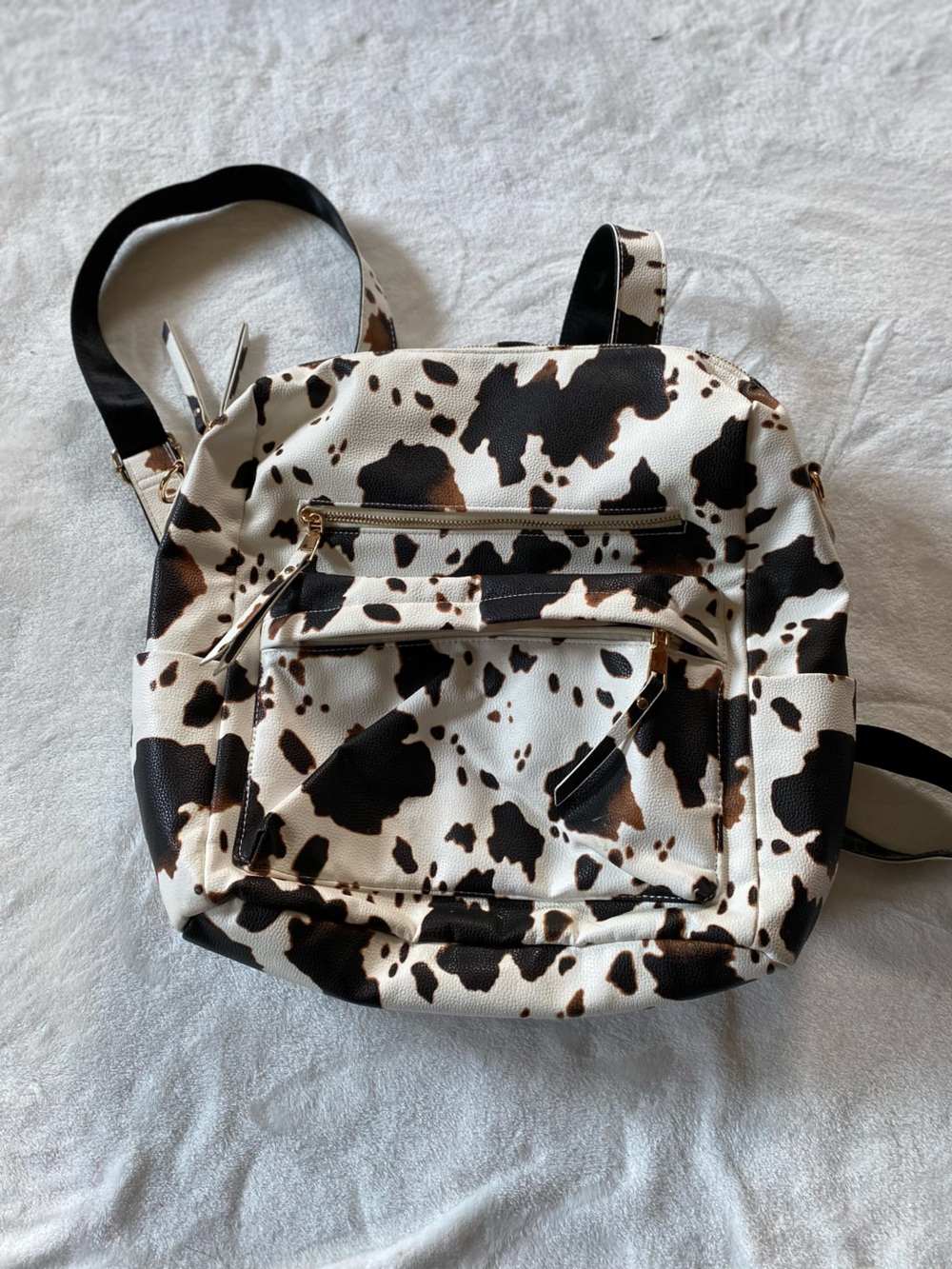 Cow Print Mini Backpack for Women - Cream with Black & Brown Spots